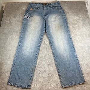 Akademiks Baggy Jeans Mens 36 Blue Light Wash Embroidered Y2K Hip Hop Streetwear